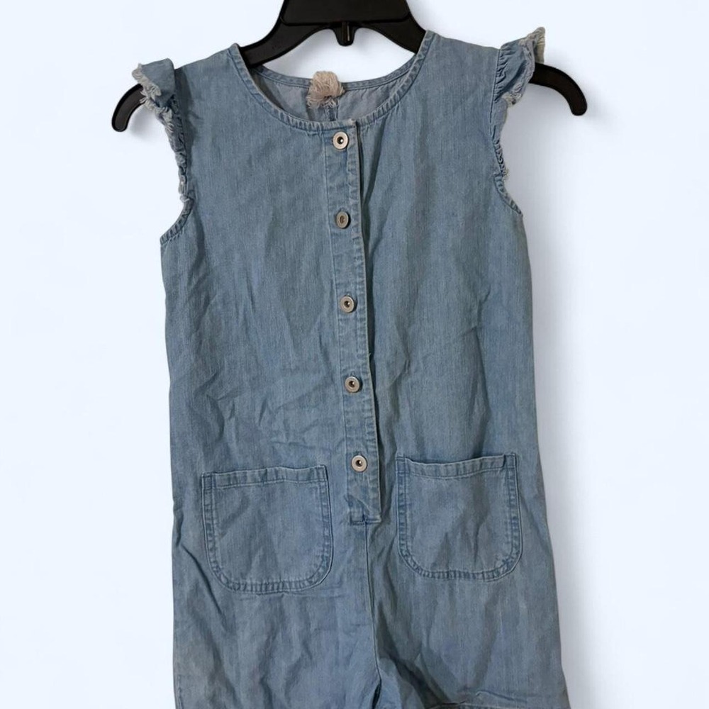 Blue denim romper with ruffle details girls #kids #denim
